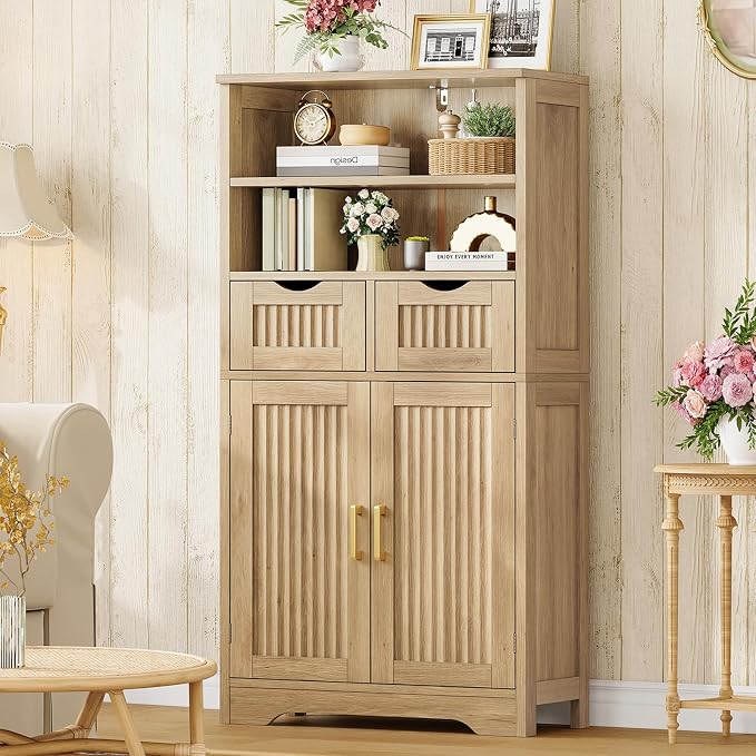 Iwell Tall Storage Cabinet, Fluted Cabinet with 2 Drawers & Adjustable Shelf, Bathroom Storage Cabinet, Kitchen Pantry Storage Cabinet, for Living Room, Dining Room, Home Office, Natural Oak