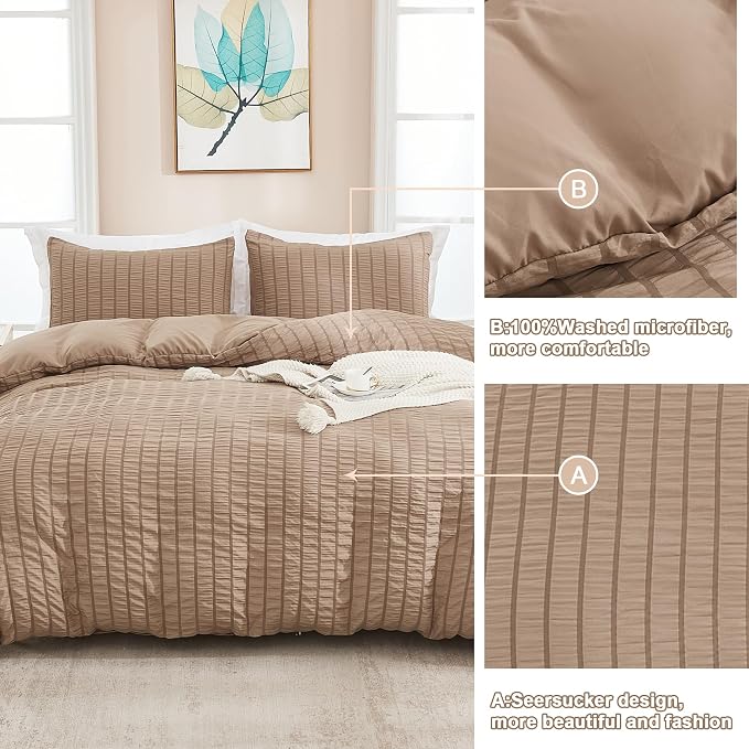AveLom Taupe Duvet Cover King(104 x 90 inches), 3 Pieces (1 Duvet Cover, 2 Pillow Cases), Seersucker Striped Soft Washed Microfiber Textured Duvet Cover Set with Zipper Closure, Corner Ties
