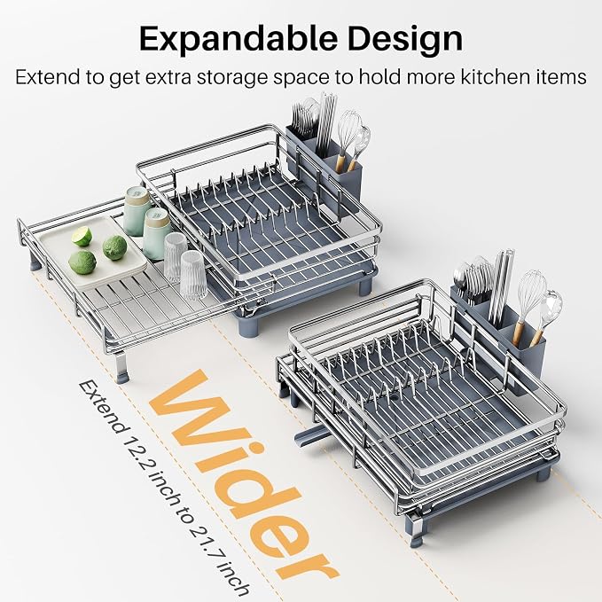 SNTD Dish Drying Rack - Extendable Dish Rack, Large Sink Drying Dish Drainer for Kitchen Counter, Stainless Steel Dish Strainer with Utensil Holder (Silver)