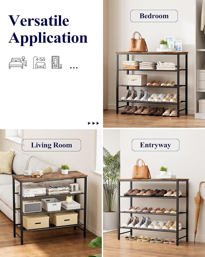 Kitsure Shoe Rack for Closet, Rustic Brown Shoe Organizer with Leveling Feet, Sturdy & Rust-Proof Shoe Storage for Entryway, Bedroom, Living Room, 29.5" x 11.4" x 24.8", Brown