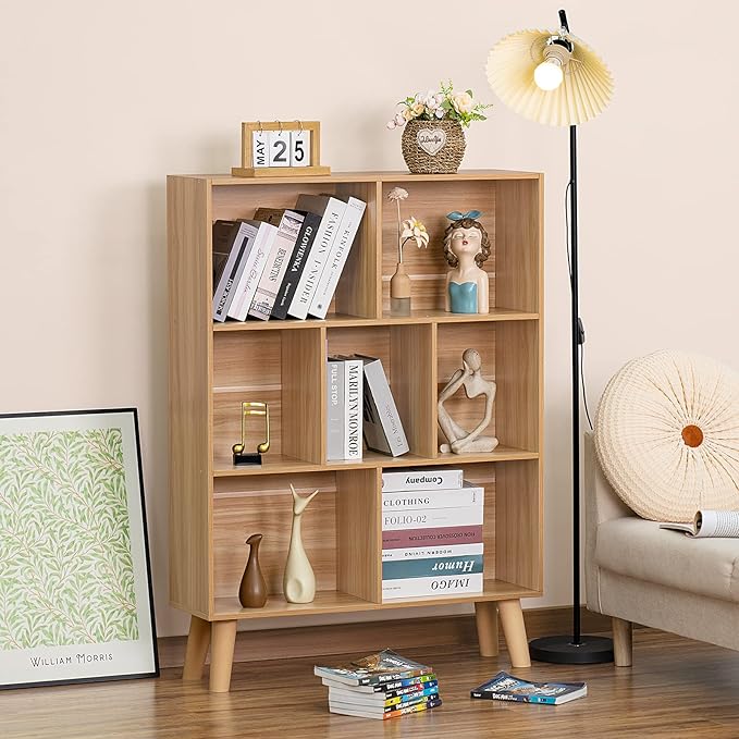 LEYAOYAO Cube Book Shelf, Mid-Century Modern Bookshelf with Legs, Natural | 3 Tier Bookcase, Rustic Wood Bookshelves Freestanding Small Storage Organizer, Open Shelves for Bedroom, Living Room, Office