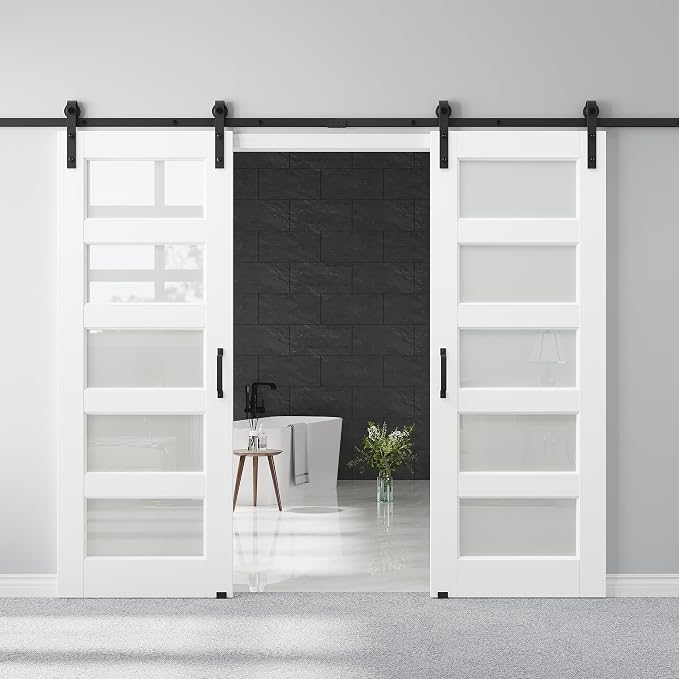56" x 80" Pre-Assembled Double Barn Doors and 12FT Sliding Door Hardware Kit Included, 5-Lites Frosted Glass Sliding Barn Door for Closet Bathroom Bedroom, Solid & Water-Resistant MDF, Paintable