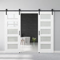 56" x 80" Pre-Assembled Double Barn Doors and 12FT Sliding Door Hardware Kit Included, 5-Lites Frosted Glass Sliding Barn Door for Closet Bathroom Bedroom, Solid & Water-Resistant MDF, Paintable