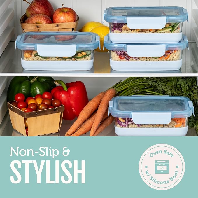 Ello Duraglass Refresh 3.4 Cup Meal Prep Containers, 10 Pc, Melon | Glass meal prep container set with silicone boots, airtight leakproof BPA-free lids, microwave, freezer & dishwasher safe