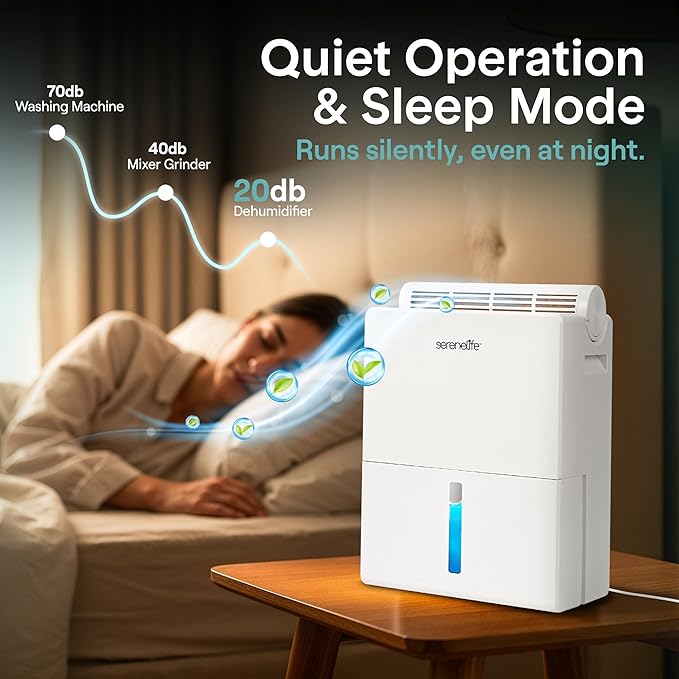 SereneLife 91 OZ Dehumidifier For Home | Covers 1200 SQ FT For Basements, Bedrooms, Bathrooms & Offices | Includes Removable Natural Dehumidifier For Closet | Set Timer, Sleep Mode & Humidity | White