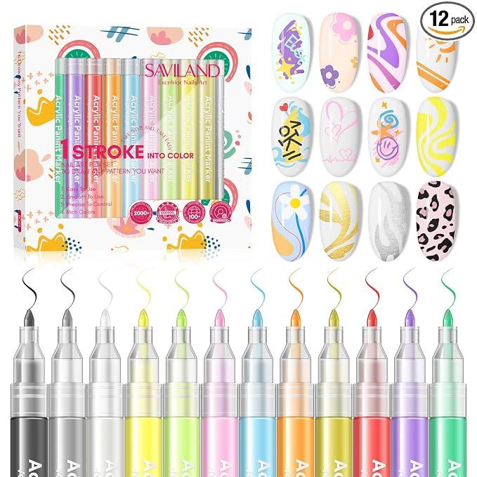 SAVILAND Nail Art Pens Set: 12 Colors Fine Tip 3D Nail Polish Pens Quick Drying Nails Art Markers for Painting Nails, Dotting Liner Brush Pen Design Tool Kit for Home DIY & Salon Manicure