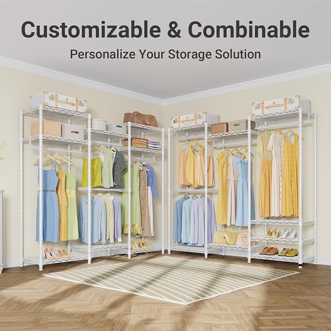 VIPEK V5 Medium Portable Closet Wardrobe Heavy Duty Clothes Rack, Freestanding Closet Metal Clothing Rack with 4 Hang Rods & 8 Shelves, Adjustable Custom Closet Rack, 56.7" Lx15.7 Wx76.4 H, White