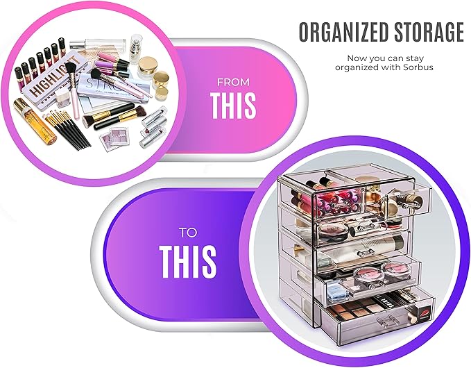 Sorbus Acrylic Makeup Organizer Set, 6-Drawer Vanity & Countertop Cosmetic Storage with Small & Wide Drawers, Purple Makeup Storage for Brushes, Lipsticks, Jewelry – Holiday Gift for Women & Teens