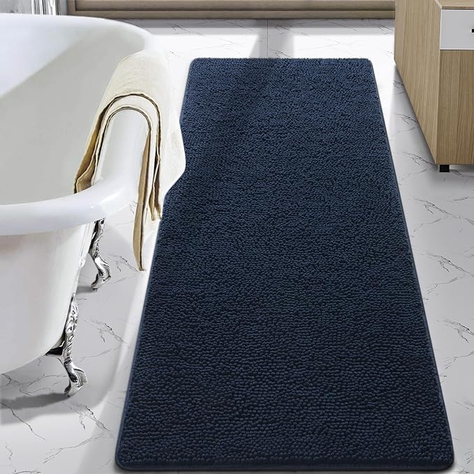 LOCHAS Luxury Bathroom Rug Shaggy Bath Mat 24 x 70 Inch, Navy | Washable Non Slip Bath Rugs for Bathroom Shower, Soft Plush Chenille Absorbent Carpets