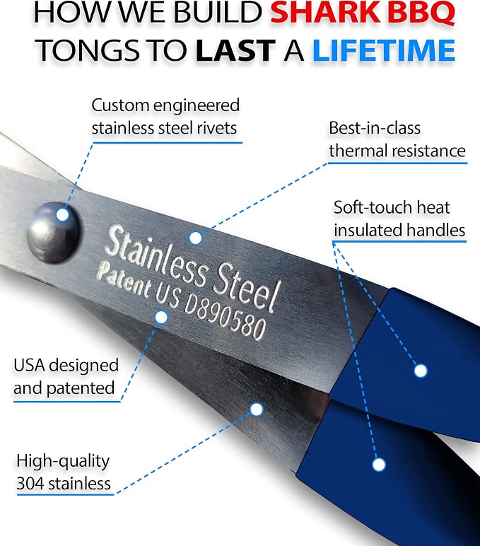 Grill Tongs - 17 inch (Blue) Steak Tongs. Professional kitchen and outdoor grilling utensil. Long reach Barbeque Grilling Tong. Ideal for steak, fish, burger, and sausage