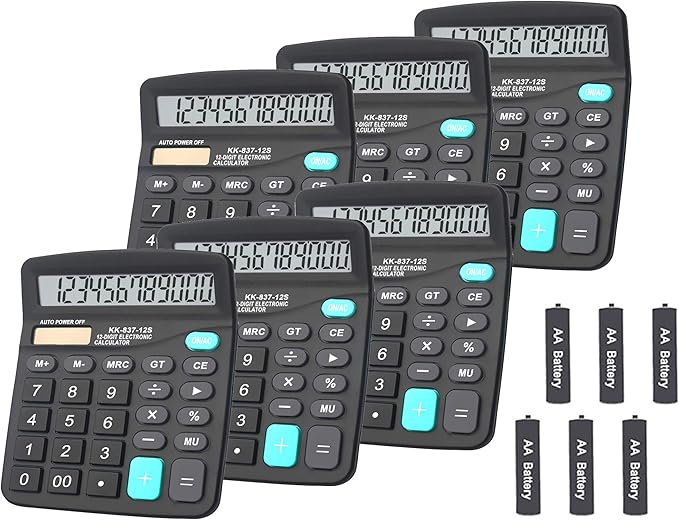 Calculators, BESTWYA Large Button Desk Calculator (Black, Pack of 6) | 12-Digit Dual Power Angled LCD Display Handheld Desktop Feature for Office, School, Home