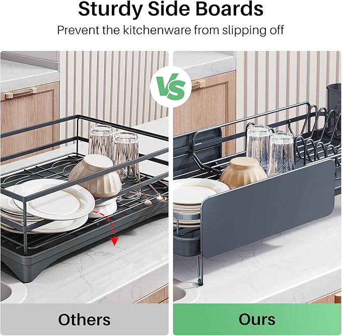 SNTD Dish Drying Rack - Large Dish Racks for Kitchen Counter, Expandable Dish Drainers with Cutlery Holder Stainless Steel Rustproof (Grey)