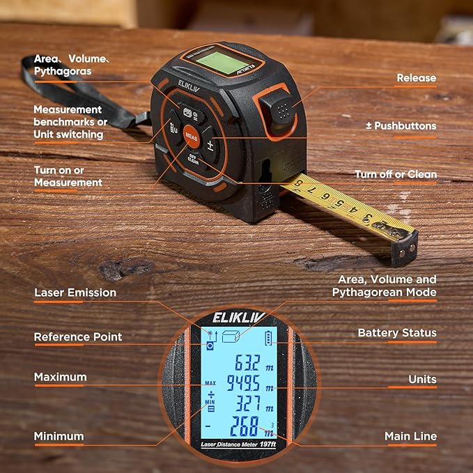 Laser Tape Measure 2-in-1, 197Ft Laser & 16Ft Digital Tape Measure | LCD Display, Pythagorean Mode, Area/Volume Calculation, USB-C Rechargeable, For Woodworking and Construction