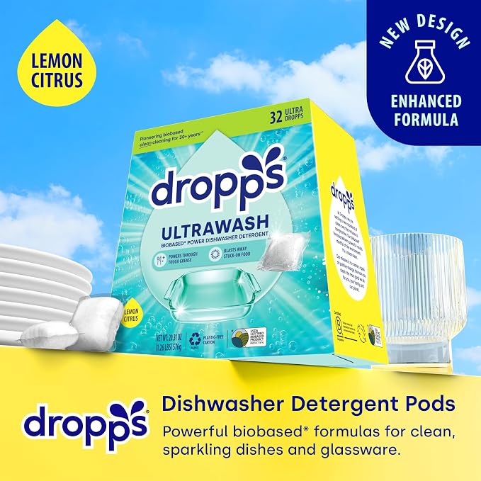 Dropps UltraWash Dishwasher Detergent Pods, Lemon Citrus (32 Ct) - Cuts Grease & Stuck-On Food | Sparkling Dishes & Glasses | Residue-Free | Clean Ingredients | No Pre-Rinse | Plastic Free Packaging