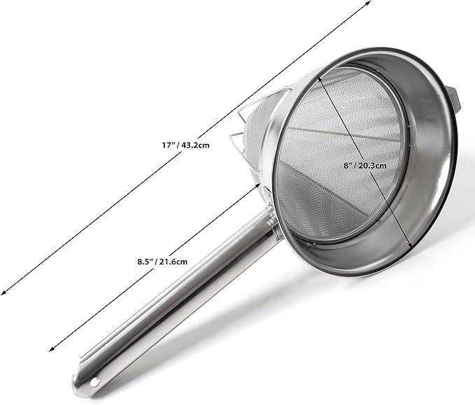 Bouillon Strainer - Stainless Steel Fine Mesh Metal Food Chinois, Cone Separator, Kitchen Colander Sieve for Sauce Jam Jelly Tea, 8" - With Spatula