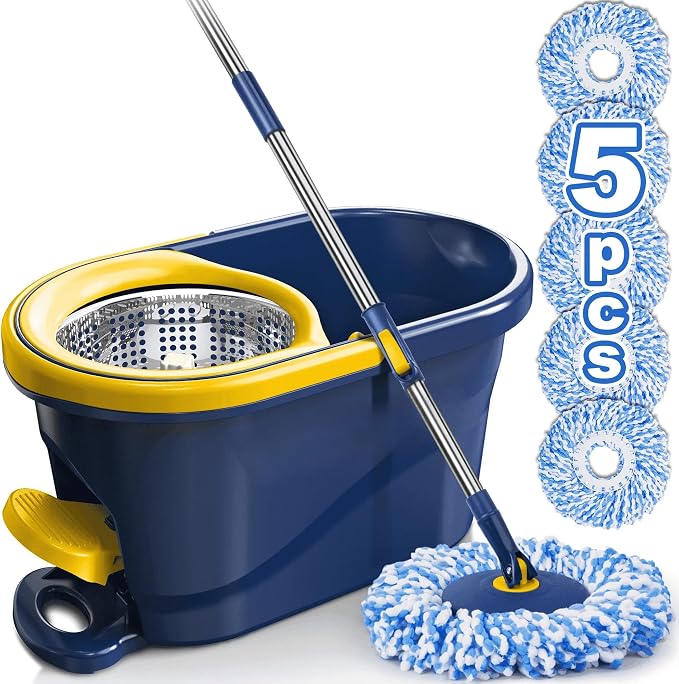 Spin Mop and Bucket with Wringer Set, 360° Rotating Microfiber Mop, Adjustable Handle, Hands-Free Wringing, Reusable Mop Heads (Light Yellow mop and Bucket + 5 mop Head)