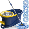 Spin Mop and Bucket with Wringer Set, 360° Rotating Microfiber Mop, Adjustable Handle, Hands-Free Wringing, Reusable Mop Heads (Light Yellow mop and Bucket + 5 mop Head)