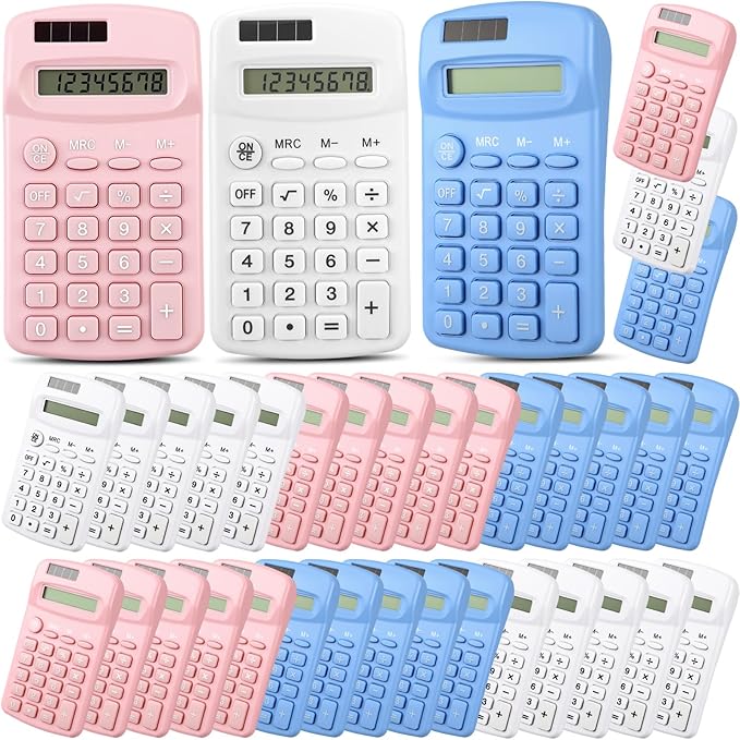 Flutesan 30 Pack Pocket Calculator Small Battery Powered Bulk Mini Size 4 Function Hand Held Basic Calculator for Students Kids School Home Office(White, Pink, Blue)