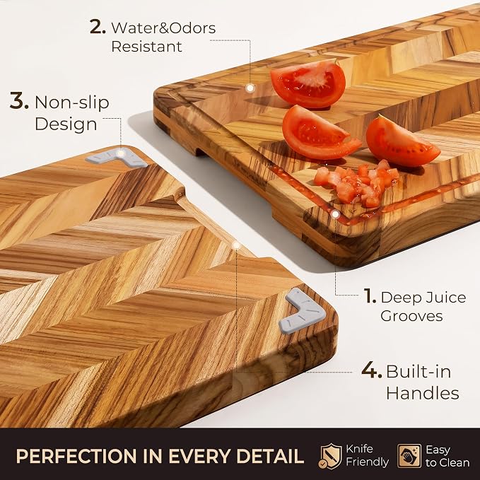 Teak Wood Cutting Board for Kitchen Large End Grain Heavy Duty Checkered Wooden Cutting Board Non Toxic Herringbone Charcuterie Butcher Block Non Slip Hardwood Chopping with Juice Groove Handle