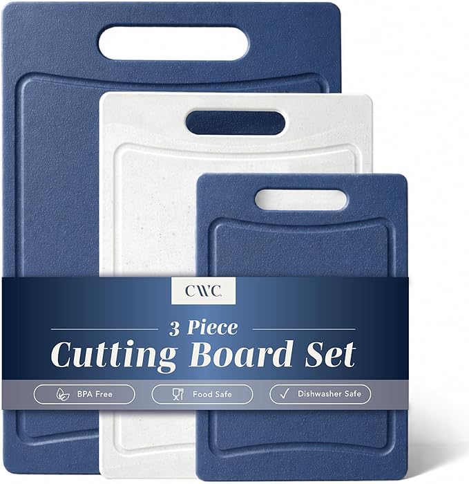 COOK WITH COLOR Non-Slip Cutting Board Set – Kitchen Essentials with Easy Grip Handle for Meat, Veggies, and Fruits, 3 Cutting Boards, Blue and White Marble