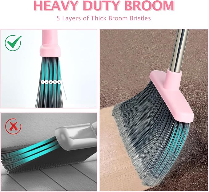 2-Pack Broom and Dustpan Set with Long Handle, Heavy Dust Broom and Dustpan Combo for Home，Kitchen, Office, Pet Hair(Grey Pink)