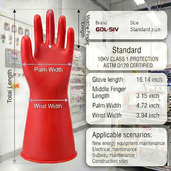 10KV Tested Electrical Insulated Gloves, Max Usage 3000V AC Natural Latex Safety Work Gloves for Electrician, Hybrid EV Car Repair, HVAC & Lineman - Red