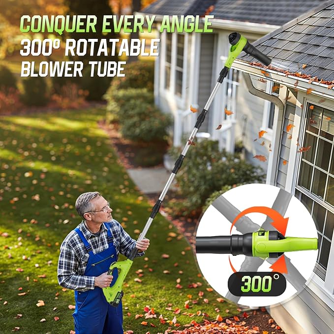Leaf Blower Cordless, 40V Leaf Blowers with 2 Battery Brushless 300° Rotatable Blower Tube with Adjustable Pole (98inch) 580CFM/180MPH & 2 Speed Gutter Cleaning Tools for Garden，House