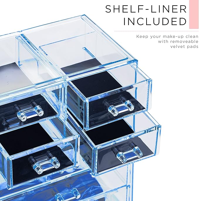 Sorbus Acrylic Makeup Organizer Set, 7-Drawer Vanity & Countertop Cosmetic Storage with Small & Wide Compartments, Blue Brilliance Makeup Storage for Brushes, Jewelry – Holiday Gift for Women & Teens