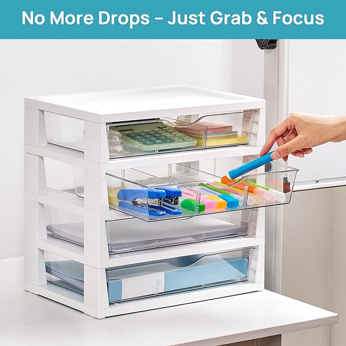 Vtopmart Clear Plastic Desk Organizer, 4-Tier Assemble Desktop File Organizer with Drawers, Office Desk Organization for Office Supplies