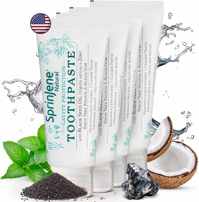 SprinJene Natural Fluoride Toothpaste – Natural Toothpaste for Gum Health & Cavity Protection – Patented Black Seed Oil & Zinc Formula for Healthy Teeth & Gums – Made in the USA (4 Pack)