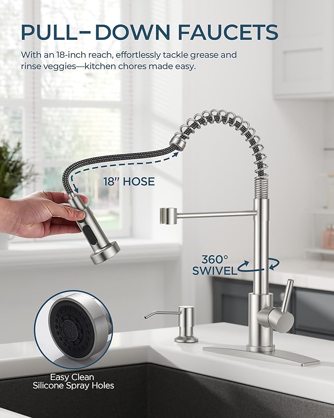 FORIOUS Kitchen Faucet with Soap Dispenser, Stainless Steel Kitchen Sink Faucet with Pull Down Sprayer Burhsed Nickel Single Handle Modern Spring Commercial for Laundry Room RV Camp Bar Farmhouse
