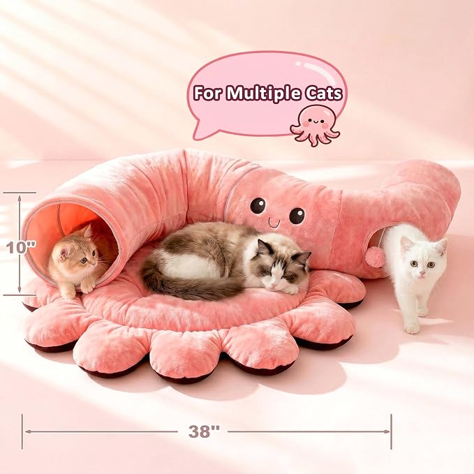 Cat Tunnel Bed with 20 Cat Toys, Collapsible Play Tunnel for Indoor Cats, Kitten Toys for Indoor Kittens, Octopus Shaped