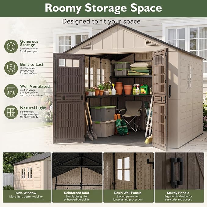 Aoxun 8x10 Ft Outdoor Storage Shed with Lighe & Floor, Large Resin Outdoor Shed with Lockable Door & Windows, Garden HDPE Sheds for Lawn Tools, Pool Supplies & Bikes