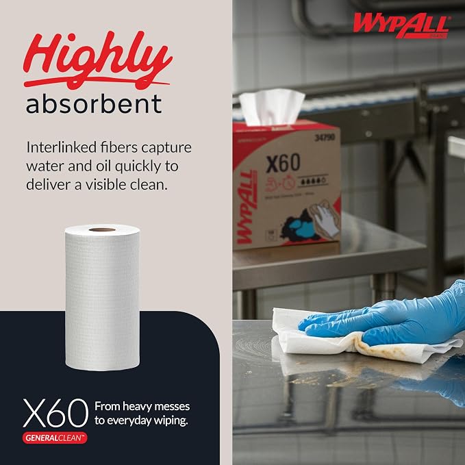 WypAll GeneralClean X60 Cloths Multi-Task Cleaning Wipes (35401), Strong and Absorbent Towels, White (130 Sheets/Roll, 12 Rolls, 1,560 Sheet Total)