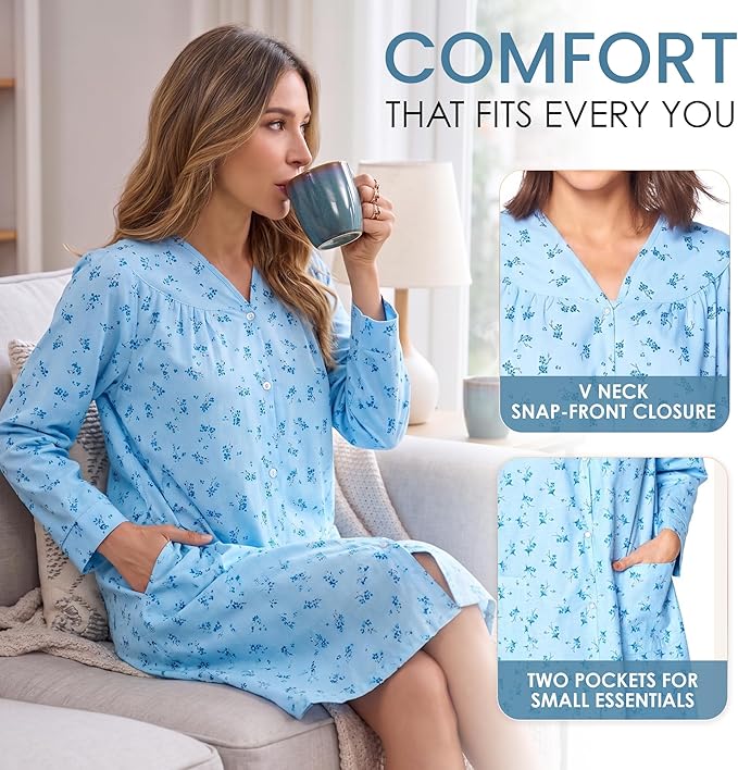Casual Nights Women's Floral Snap Front Flannel Duster Long Sleeve Lounger Dress