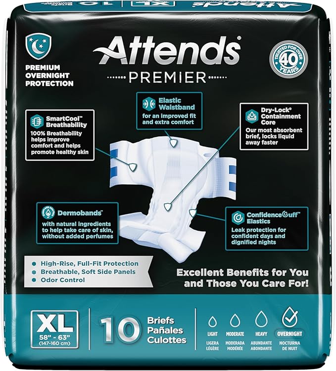Attends Premier Adult Disposable SmartCool® Briefs, X-Large, 58-63" High-Rise Waist Tab Closure, Premium Overnight Dry-Lock Protection, Odor Control, 40ct Case