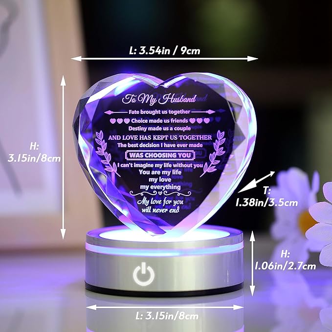 Gifts for Husband Crystal with Colorful LED Base, Cool Anniversary Birthday Gifts for Men, Husband Birthday Gifts from Wife, Crystal Keepsakes Romantic Gifts for Wedding Valentine's Day