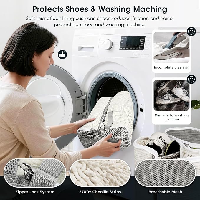 Shoe Washing Machine Bag for Sneaker Cleaning Laundry Shoe Bag, Beige | Dual Compartment, Full Protection, Clasp-Lock Zipper, Dense Chenille, Bound Edge & Seams