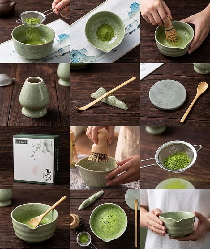 Traditional Matcha Whisk Set, 10 Pcs - 450ml Matcha Bowl and Whisk, Whisk Holder, Bamboo Scoop & Spoon, Matcha Sifter, Scoop Holder, Silicone Coaster, Tea Brush & Cloth – Matcha Kit for Tea Lovers