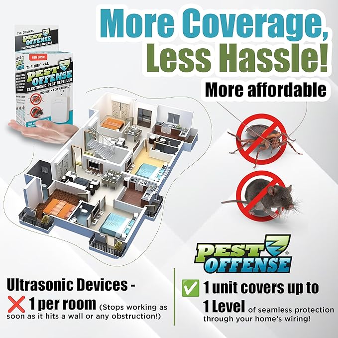 Upgraded PEST OFFENSE New Look Electronic Pest Repeller for Indoor Pest Control of Mice, Rats, Rodents, Roaches for Home, Office, Business, Garage, Warehouse