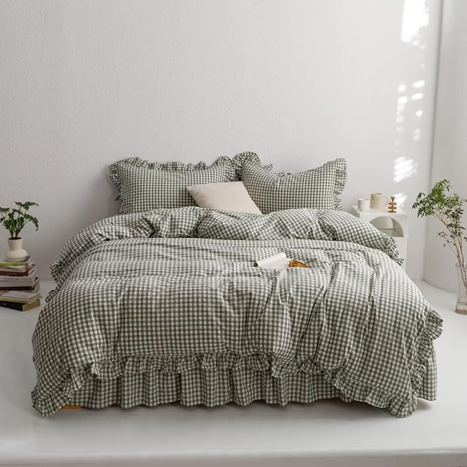 mixinni Green Gingham Ruffle Duvet Cover Twin Size 3 Pieces – 100% Washed Cotton, Vintage Plaid Ruffled Bedding Set with Zipper Ties, Soft Checkered Grid Farmhouse Chic Comforter Cover Set