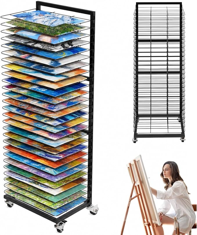 Art Drying Rack 27 Removable Shelves,Mobile with Locking Wheels, Heavy-Duty Metal Paint Drying Stand for Canvas, Artwork, Classroom, Art Studio, School