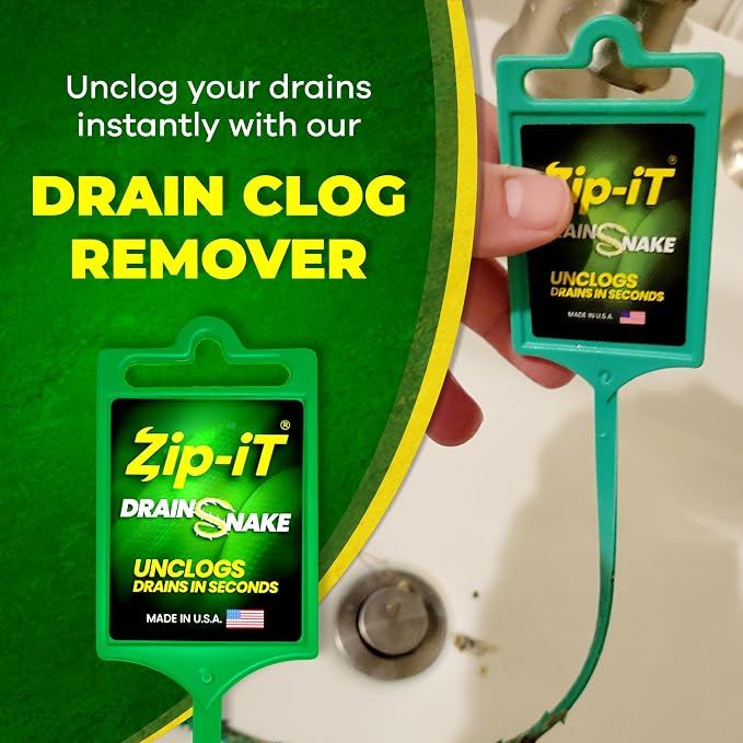 Zip-it Hair Clog Remover, 25-inch Drain Unclogger Tool for Shower, Tub & Sink In Seconds - Reusable Snake D Hair Removal Tool, Flexible Snake Non-toxic - Green (10-Pack)