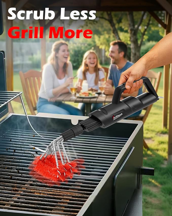 Electric Grill Brush – Long Handle, Innovative Reciprocating Motor Grill Cleaner (600/720 Strokes/min), Powerful Cleaning, 3 Interchangeable Brush Heads, Ideal BBQ Gift for Dads & Grill Lovers
