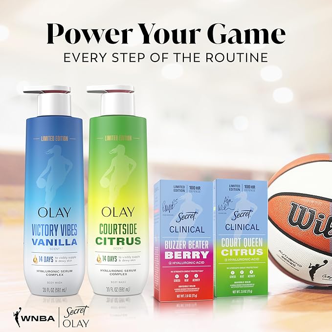 Olay Body Wash for Women, WNBA, Intensely Hydrating, Hyaluronic Acid Serum, Hydration On/Off Court, Improves Moisture Barrier, Vitamin B3 Complex, All Skin Types, Victory Vibes Vanilla Scent, 20 fl oz