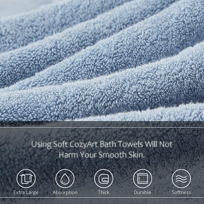 COZYART Luxury Bath Towels 2 PCS, Light Blue 100% Turkish Cotton 650 GSM | OEKO-Tex 100 Certified Zero Twist Ring Spun, Soft Absorbent Quick Dry, Plush Fluffy, Breathable Hotel Quality for Daily Use