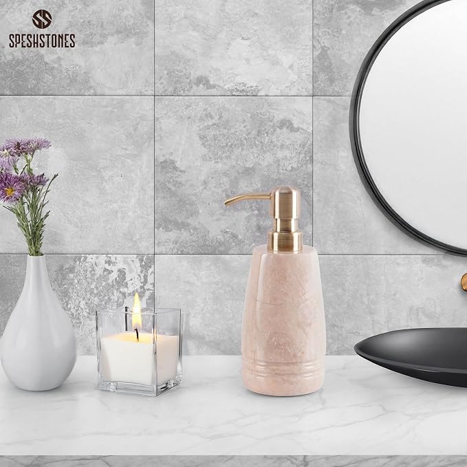 Marble Soap Dispenser 7.5'' Beige Dish Soap Dispenser with Stainless Steel Pump, Refillable Liquid Hand Soap Dispenser with 8.5 Oz Capacity for Kitchen Sink and Bathroom Countertop