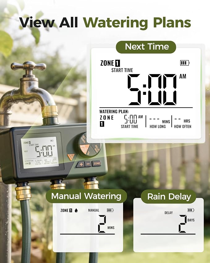 Diivoo Brass 3 Zone Sprinkler Timer, Programmable Hose Timers for Watering 3 Outlet with Large Display, Rain Delay & Manual Mode for Outdoor Automatic Irrigation of Garden, Lawn, Yard