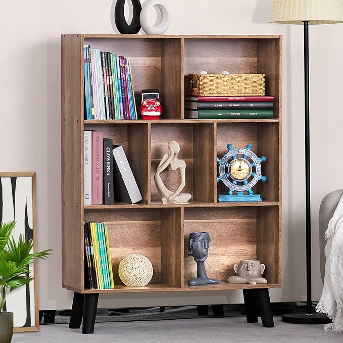 LEYAOYAO Cube Bookshelf, Mid-Century Modern Book Shelf with Legs, Oak | 3 Tier Bookcase, Rustic Wood Bookshelves Freestanding Small Storage Organizer, Open Shelves for Bedroom, Living Room, Office