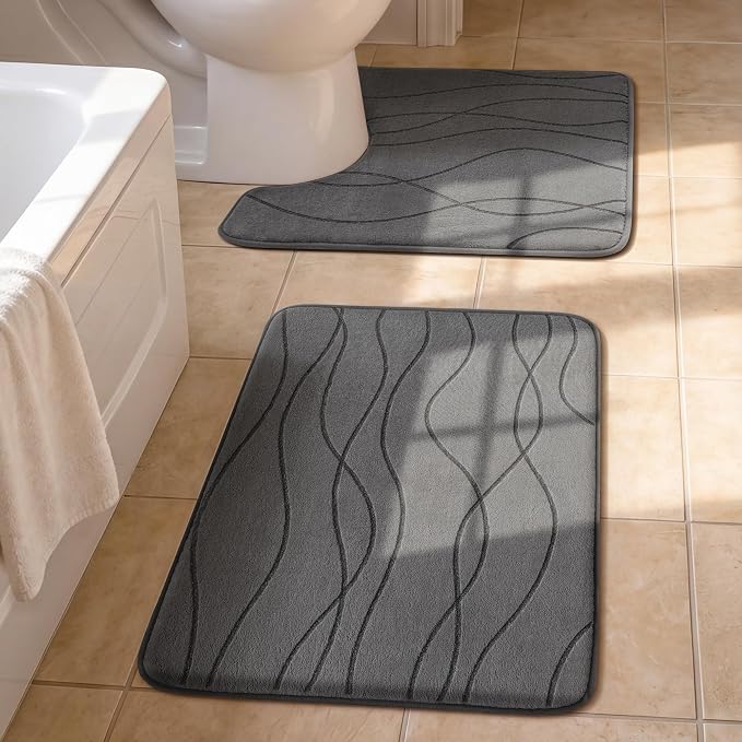 YIHOUSE Bathroom Rugs Set 2 Piece, Memory Foam Bath Mat Dark Grey | U Shaped+Small Mat, Ultra Soft, Absorbent, Non-Slip, Machine Washable, for Bathroom, Sink and Toilet